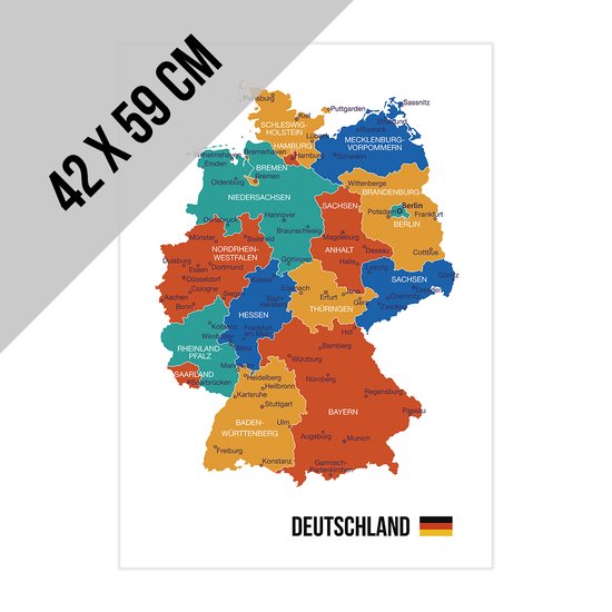 Poster/ affiche Map Duitsland   42 x 59 cm   A2 formaat   Regio kaart met de belangrijkste steden   Aardrijkskunde   Landkaart   Deutschland   Map Germany   Duits   2 stuks