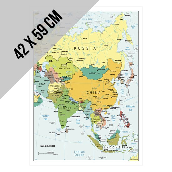 Poster/ affiche Map Azië   42 x 59 cm   A2 formaat   Kaart met landen en steden   Landkaart   Aardrijkskunde   Aziatische landen   China   Rusland   Indonesië   Engelstalig   Beschrijfbaar   2 stuks