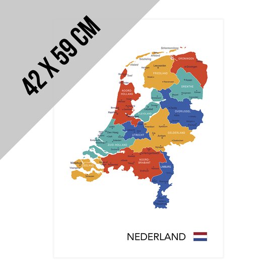 Poster/ affiche Map Nederland   42 x 59 cm   A2 formaat   Regio kaart met belangrijkste steden   Landkaart   Aardrijkskunde   Map The Netherlands   Nederlands   Utrecht   Holland   Amsterdam   Limburg   Noord-Brabant   Zeeland   Gelderland   2 stuks