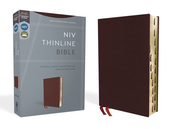 NIV, Thinline Bible, Bonded Leather, Burgundy, Red Letter, Thumb Indexed, Comfort Print