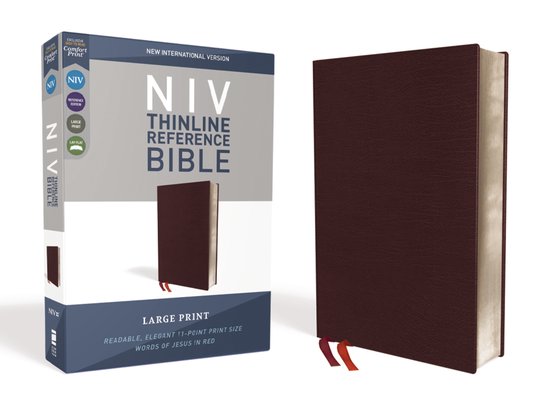 NIV, Thinline Reference Bible (Deep Study at a Portable Size), Large Print, Bonded Leather, Burgundy, Red Letter, Comfort Print