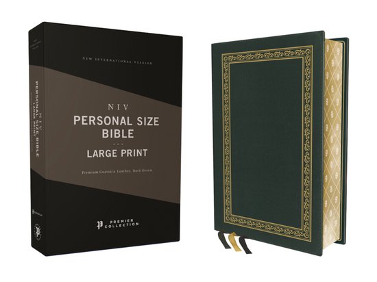 NIV, Personal Size Bible, Large Print, Premium Goatskin Leather, Green, Premier Collection, Black Letter, Gauffered Edges, Comfort Print