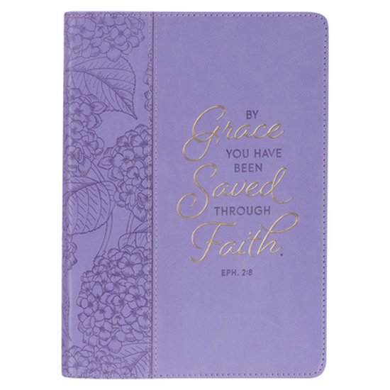 Christian Art Gifts Classic Journal by Grace You Have Been Saved Ephesians, 2:8 Hydrangea Floral Inspirational Scripture Notebook, Ribbon Marker, Purple Faux Leather Flexcover, 336 Ruled Pages