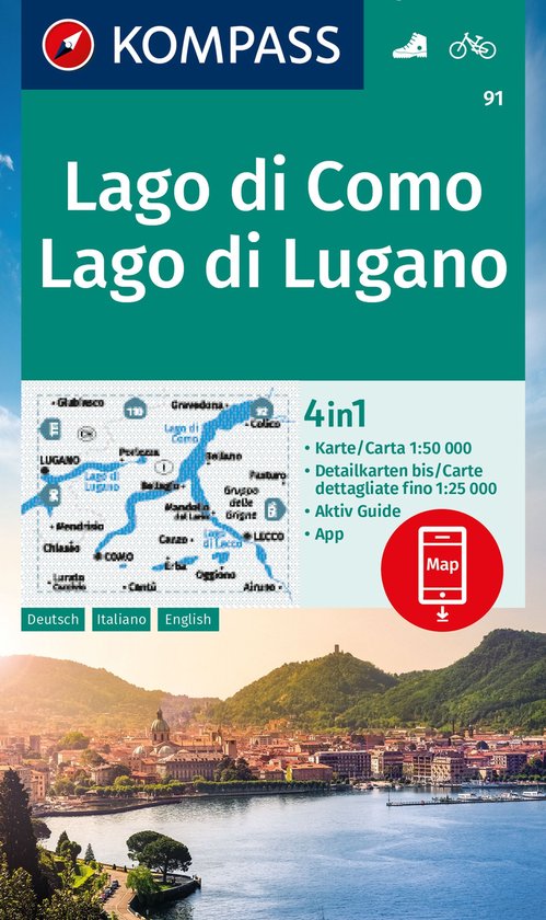 KOMPASS WK 91 Wandelkaart Lago di Como, Lago di Lugano 1:50.000