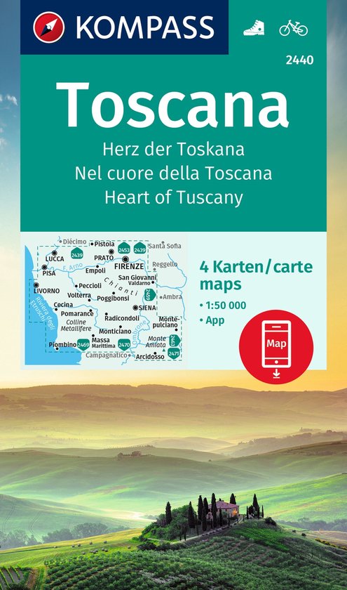 KOMPASS WK-Set Wandelkaart 2440 Toscana, Herz der Toskana, Nel cuore della Toscana, Heart of Tuscany (4 Karten) 1:50.000