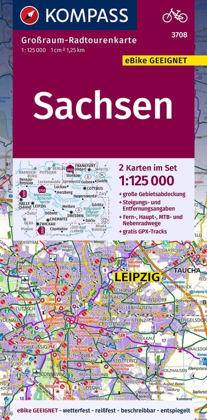 KOMPASS Großraum-Radtourenkarte 3708 Sachsen Fietsroutekaart 1:125.000