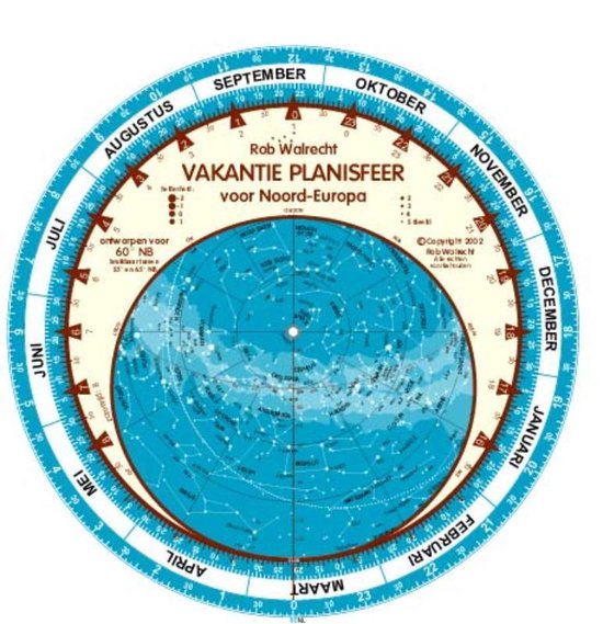 Nederlandse vakantie-planisfeer voor Noord-Europa (60 graden)